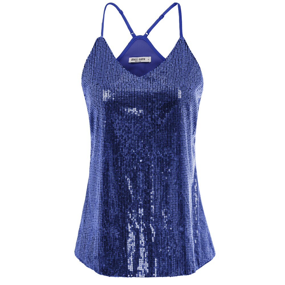 Grace Karin Women\\\'s Sequin Sexy V-Neck Top Spaghetti Strap Summer Cocktail Party Sequined Camisole Tank