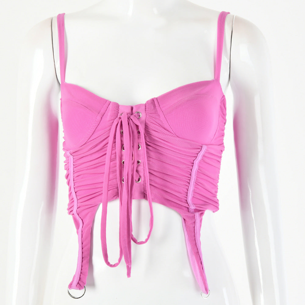 Tinastyle Drawstring Backless Zip Crop Top For Women Solid Irregular Sexy Top Ladies Summer Lace Up Bandage Bustier Corset Vest