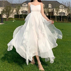 Summer Women Maxi Long Sundress Suspenders Solid Ruffls Fairy Vestidos Long Elegant Feminine Holiday Beach Romantic Dress