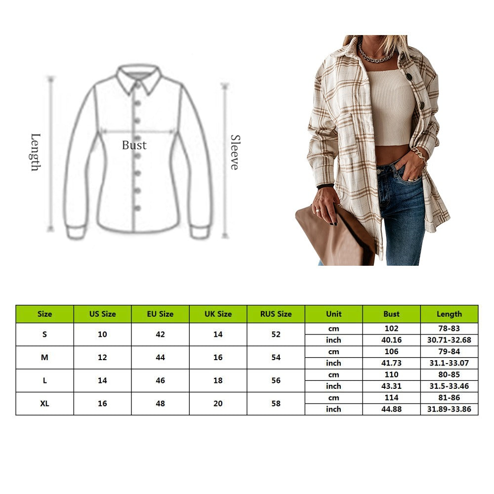 Women Vintage Warm Shirt Jacket Autumn Winter Plaid Long Shirt Jacekt Casual Loose Buttons Pockets Turn down Shirt Coat
