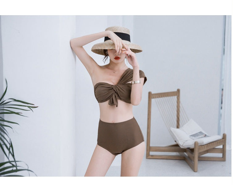 Lizakosht High Waist Bikini Woman Solid One Shoulder Thong Bikini Cute Swimsuit Korean Style 2022 Bathing Suit 2 Piece Bodysuit Monokini
