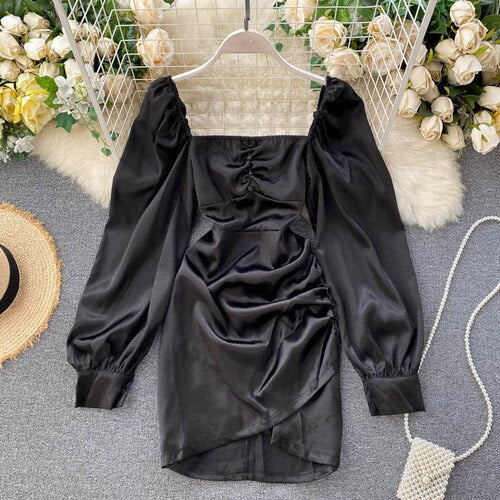New 2022 Elegant Women Satin Dress Spring Autumn Vintage Square Collar Ruffles Bodycon Dresses Ladies Sexy Short Dress Vestidos