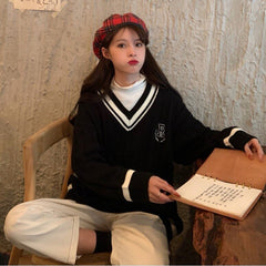 Bella 2022 Women Harajuku V-neck Japanese Sweater Female Preppy Style Long Sleeve Knitted Pullovers Autumn Warm loose Jumpers