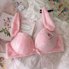 Wriufred Cute Girl Big Ears Bralette Embroidered Plush Gathering Bra without Steel Ring Women Comfortable Lingerie for Home Wear