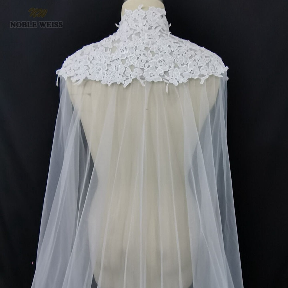 Appliques Tulle Wedding Bridal Cape High Neck Long Cloak Cathedral Length Wedding Lace Long Bridal Accessories