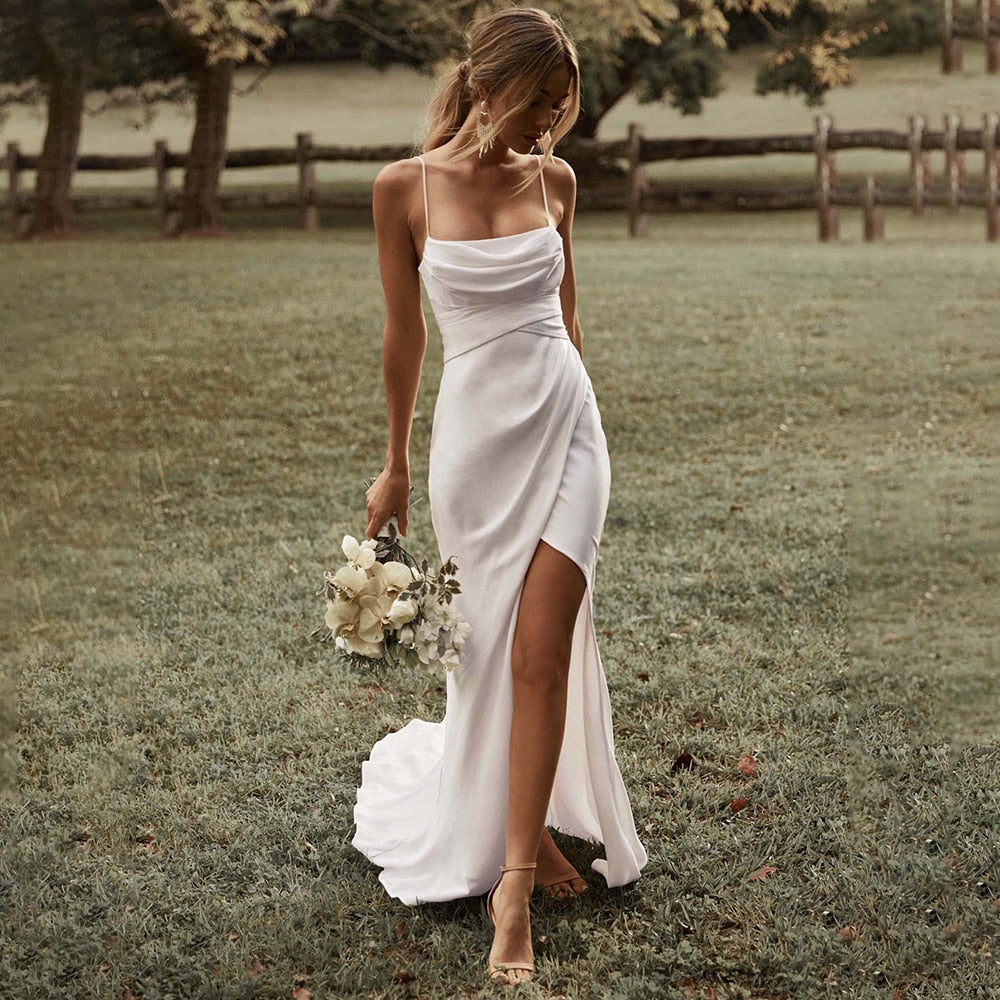 Lizakosht Spaghetti Straps High Split Sexy Wedding Dress Satin Ruched Mermaid Backless Bridal Gown Elegant NEW