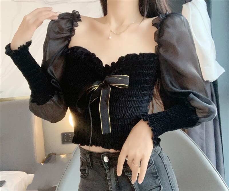 New Women Spring Fashion Streetwear Off Shoulder Puff Sleeve Velvet Patchwork Blouse Blusas Office Lady Sexy Shirt Tops