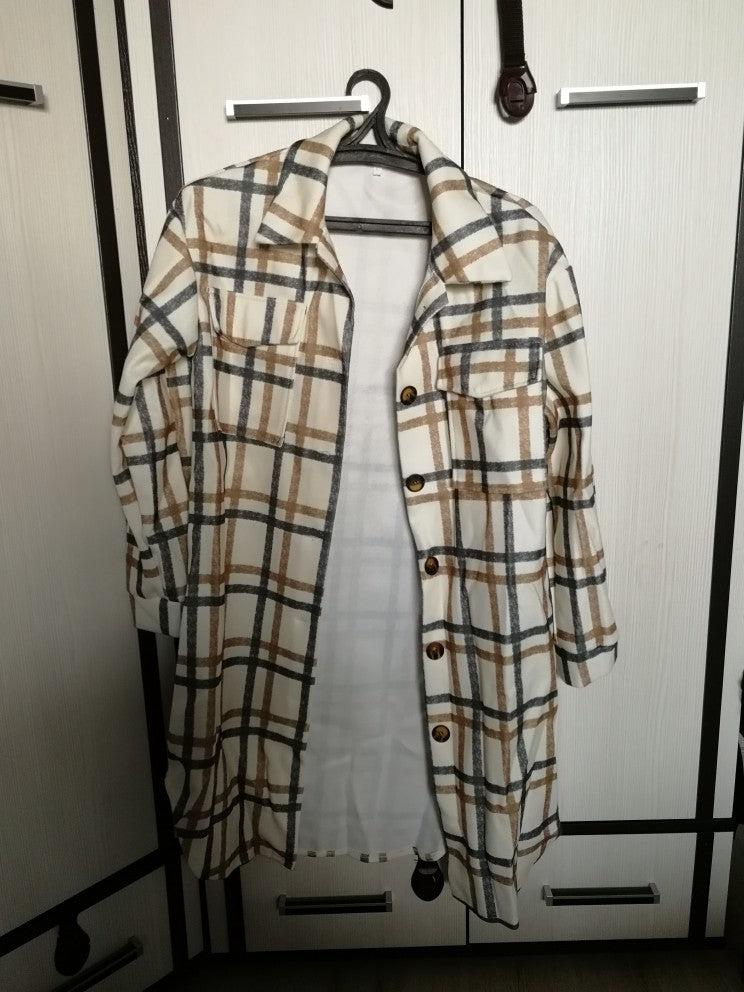Women Vintage Warm Shirt Jacket Autumn Winter Plaid Long Shirt Jacekt Casual Loose Buttons Pockets Turn down Shirt Coat