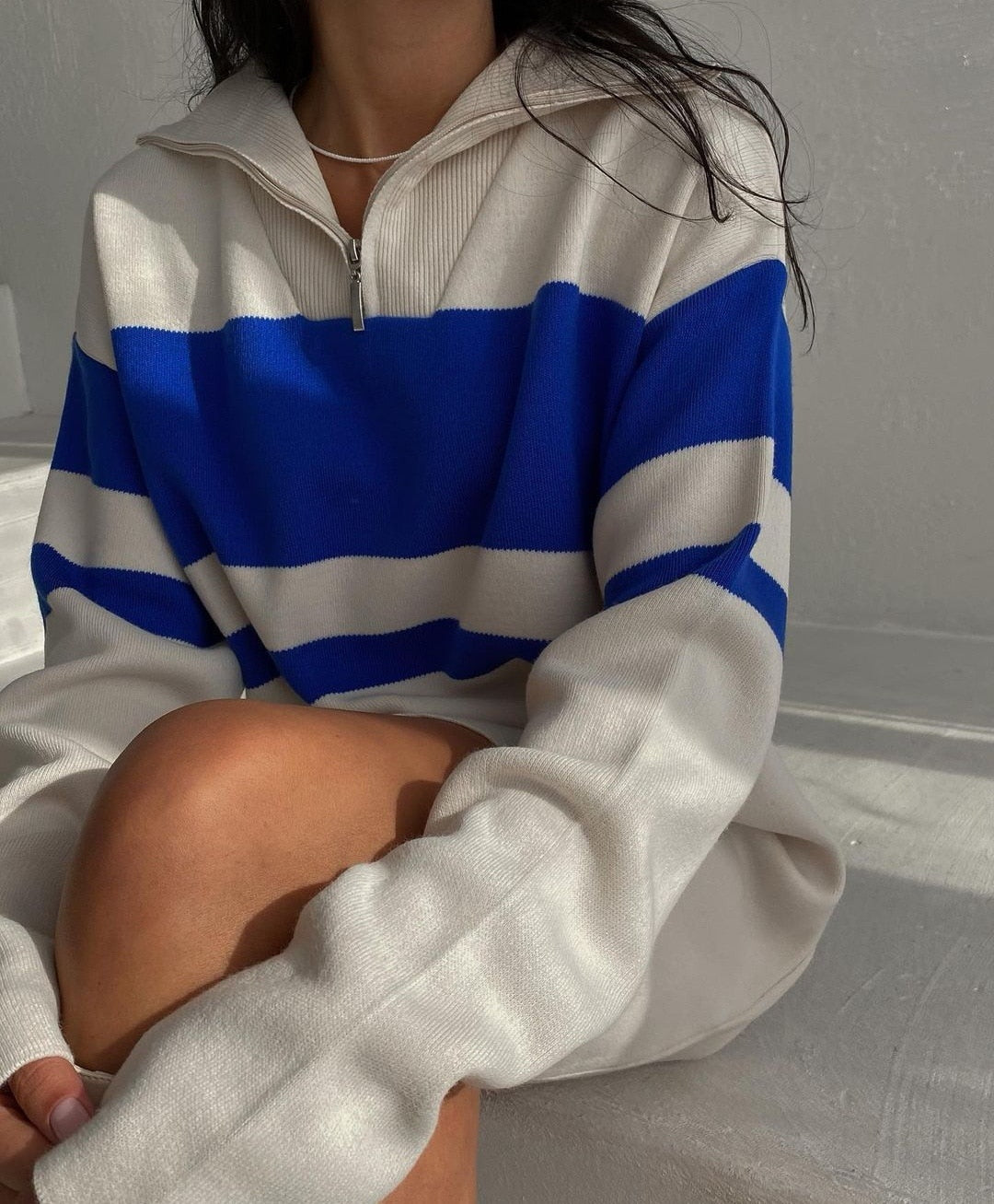 Striped Pullover Sweater French Style Female Jumper Oversize Lazy Oaf Turn-down Collar Knitted Plus Size Autumn Spring