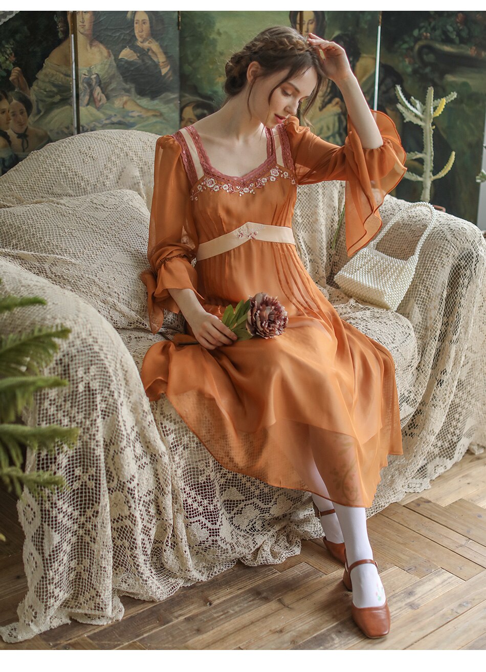 Lizakosht Spring Autumn Dress Women Vintage Elegant Slim Midi Dress Sweet Mori Girl Retro Embroidery Long Sleeve Lace Patchwork Long Dress