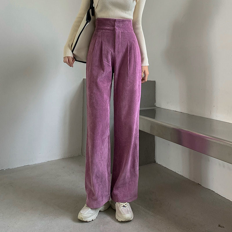 Hstar High Waist Double Button Loose Female Straight Leg Trousers Casual Pantalon Femme Pant Fashion Women Corduroy Long Pant