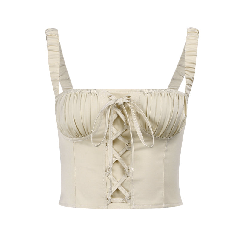 Lizakosht  Ruched Lace Up Backless Camisole Tops For Women Elastic Sleeveless Front Cross Summer Slim Sexy Girl Cropped Top 2021