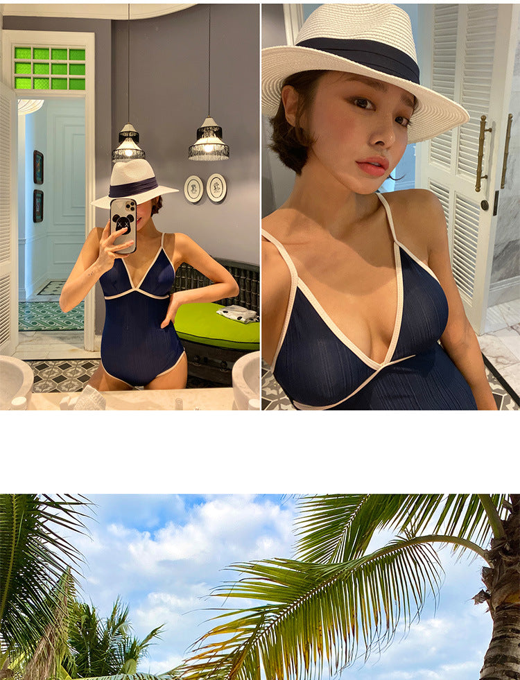 Korean Cute Swimsuit Sexy V Neck Triangle Strap Backless Monokini Color Patchwork Swimming Suit One Piece Bathing Suit Swimwear