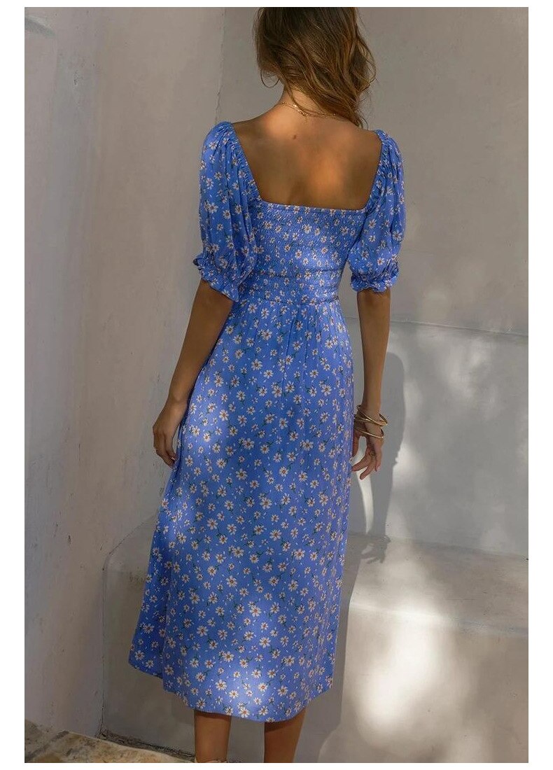 Summer Dress For Women 2022 Puff Sleeve Midi Dress Vintage Square Neck Floral Print Split Sundress Holiday Casual Dresses Women