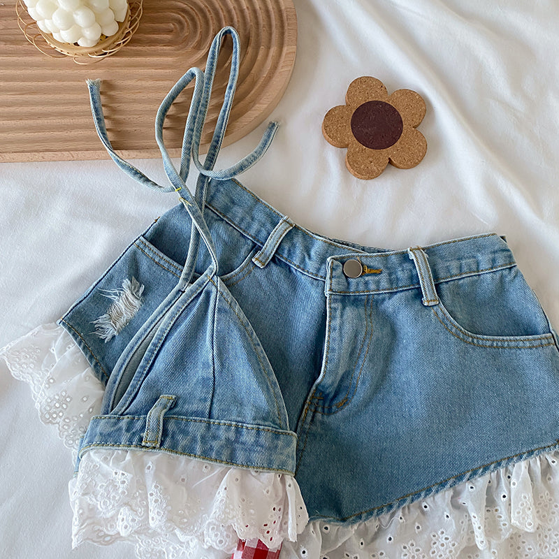 Lolita Girls Blue Denim Lace Two Piece Set Y2K Women Bustier Camis Crop Top High Waist Shorts Outfits Sexy Femenino 2 Piece Set