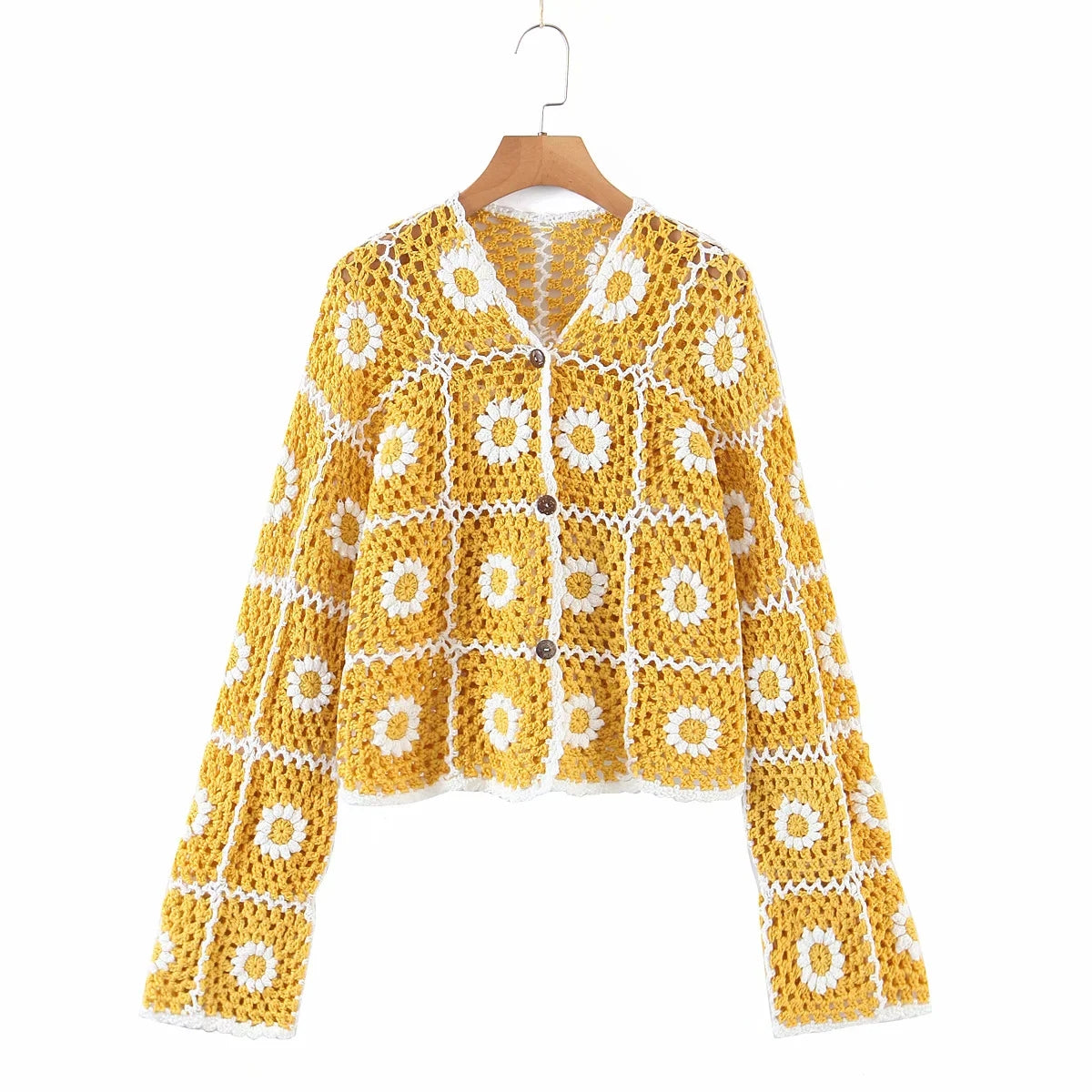 Foridol Sunflower Crochet Yellow Knitted Sweater Cardigans Women Spring Autumn Casual Hollow Out Short Cardigan Harajuku