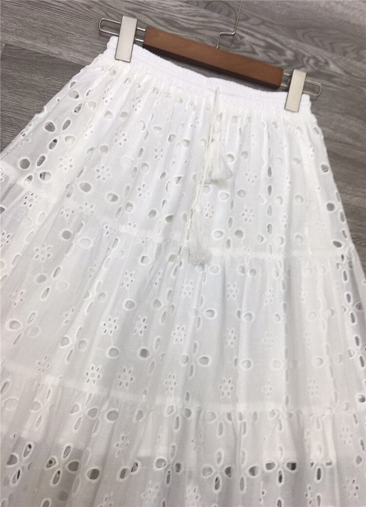 Lizakosht white eyelet skirts for women elastic waist tassel tied pom pom trims summer skirt long bohemian skirts womens