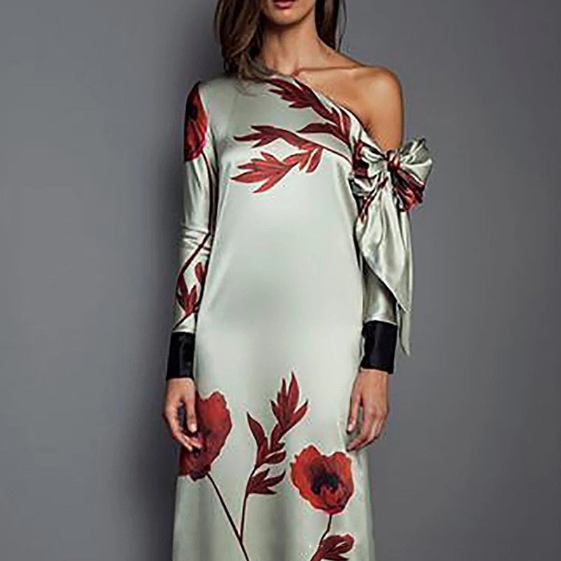 Fashion Floral Print Straight Long Sleeved Off Shoulder Bow Autumn Mother of The Bride Dress Casual Evening Gowns Prom Robe
