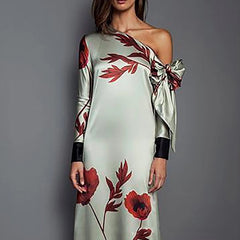 Fashion Floral Print Straight Long Sleeved Off Shoulder Bow Autumn Mother of The Bride Dress Casual Evening Gowns Prom Robe