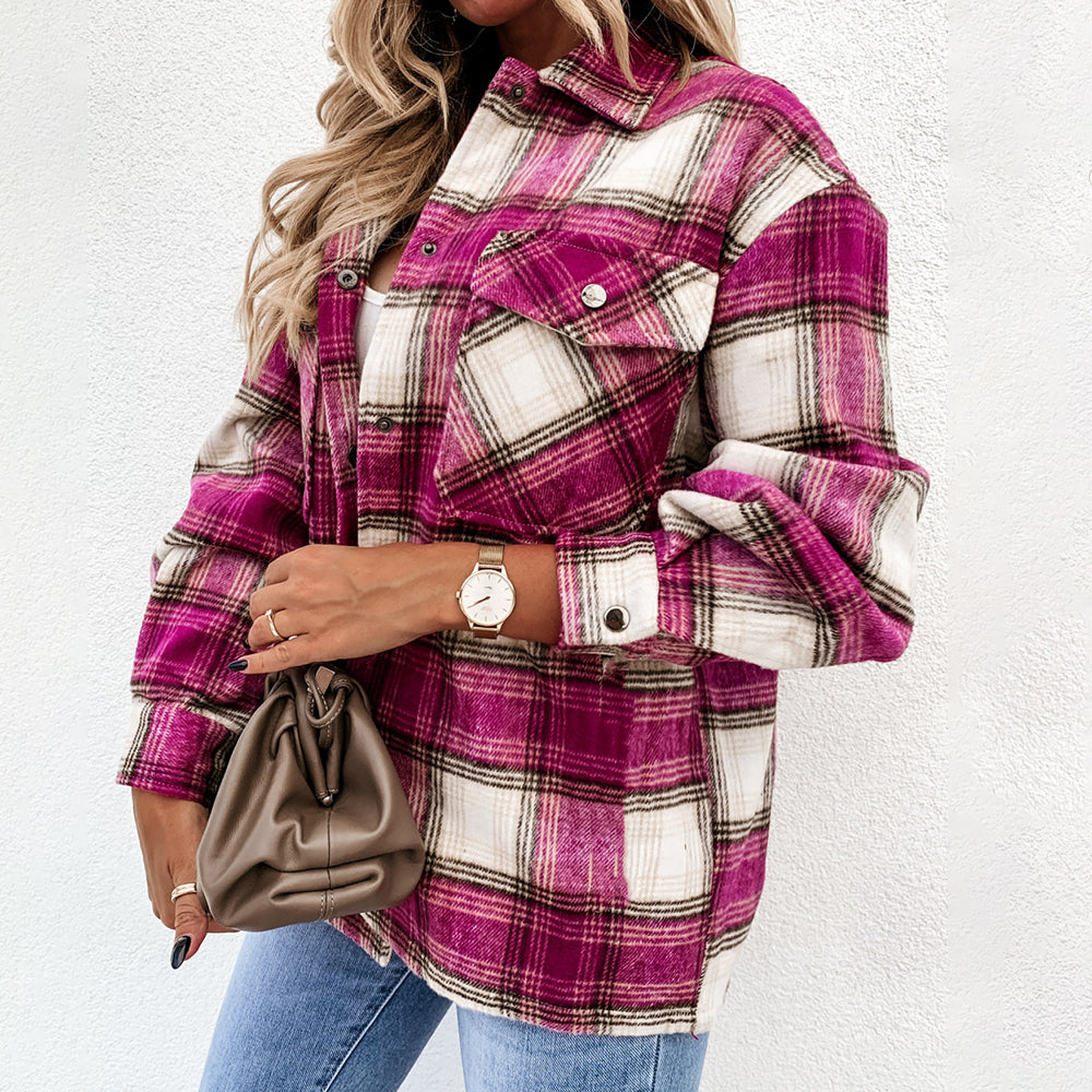 Women Vintage Warm Shirt Jacket Autumn Winter Plaid Long Shirt Jacekt Casual Loose Buttons Pockets Turn down Shirt Coat