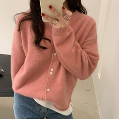 Women Knitting Sweater Round Neck Long Sleeve Korean Fashion Warm Autumn Winter Casual Simplicity Single Breasted