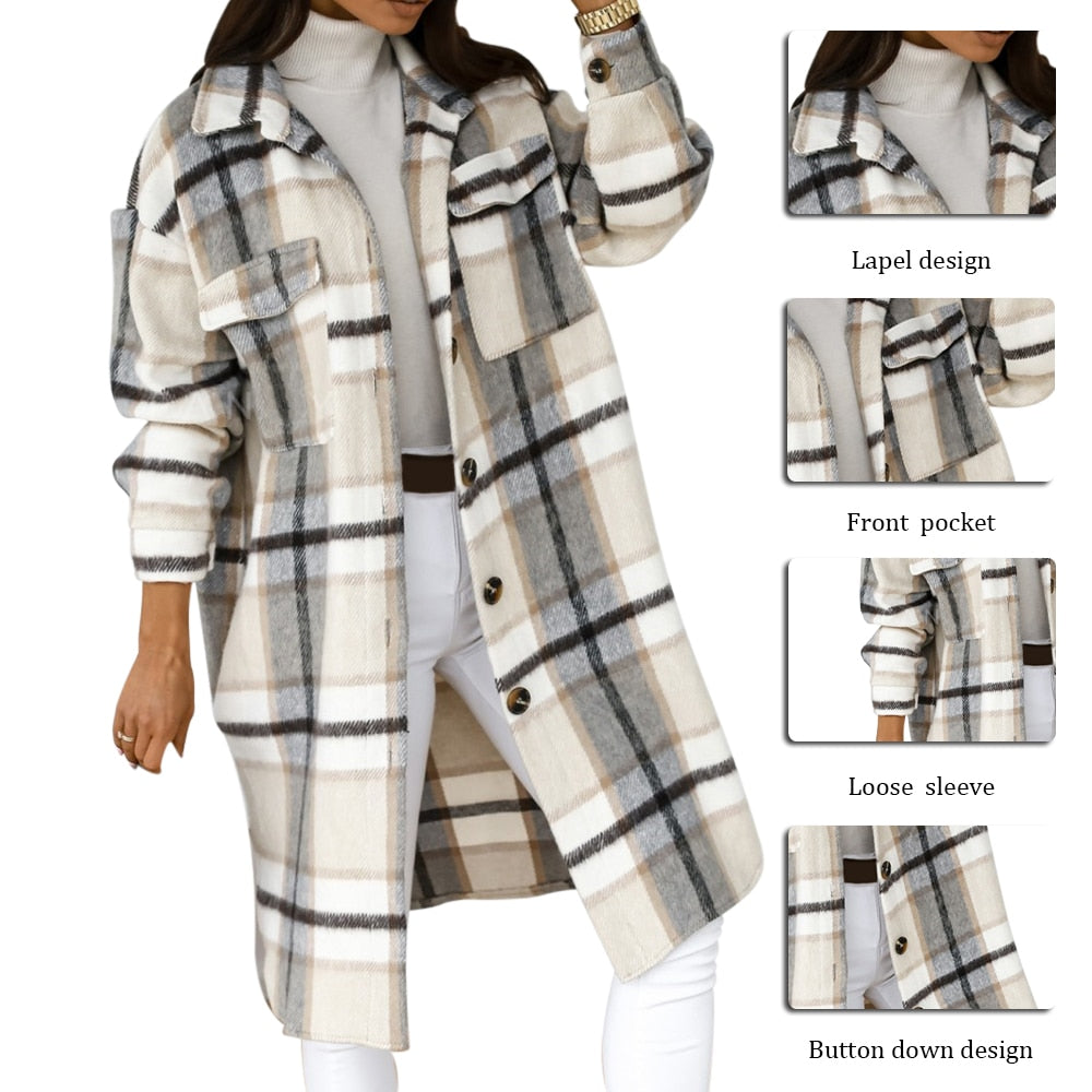 Winter Checked Women Jacket Turn Down Overcoat Warm Plaid Long Coat Oversize Thick Woolen Blends Female Streetwear