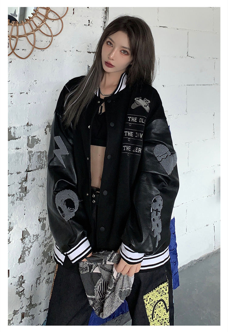 Splicing leather Bomber Jackets Women Coat Couple Baseball Jacket Autumn Unisex Boyfriend Style Varsity Hiphop Streetwear