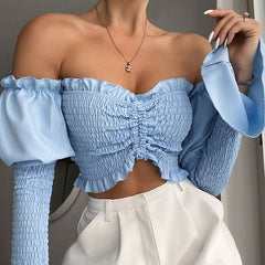 High Quality Tops for Women 2022  Summer Bodycon Crop Top Blue Long Sleeve Top Draped Sexy Short Top Party Club