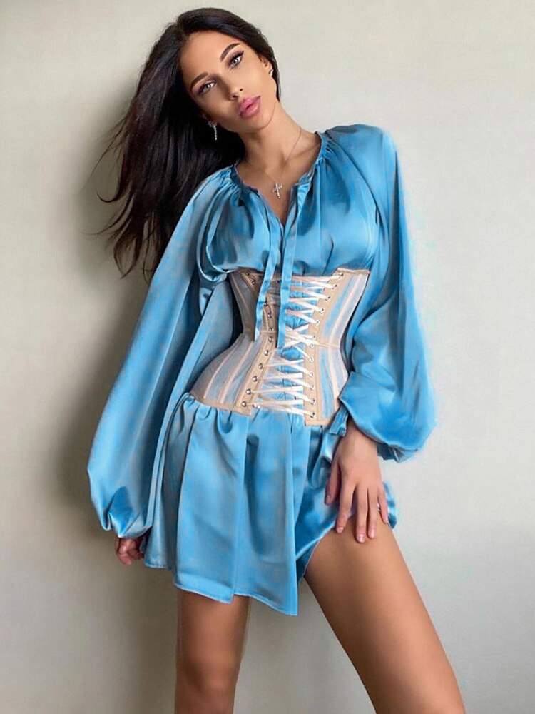 Lizakosht  Silk Women Bandage Shirts Mini Dress Lantern Sleeve Office Lady Autumn Plus Size Casual Sexy Elegant Prom Wedding 2022