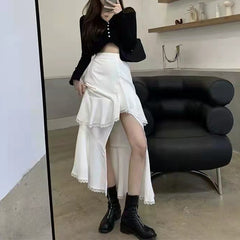 Casual High Waist Irregular Skirt Women White Korean Designer Ruffles Split Skirt Slim Office Lady Streetwear Chic Party Clothes