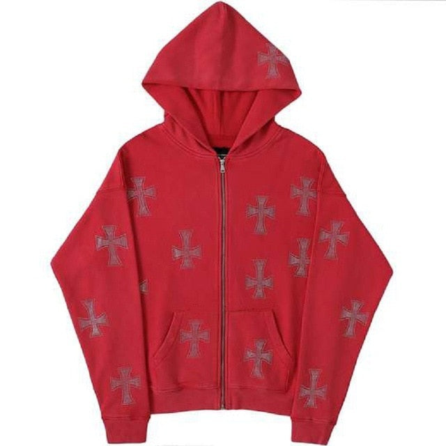 Womens Hooded Cross Rhinestone Zipper Hooded Sweater Plus Size  European and American Loose Top Two-piece Autumn 2021 New Style