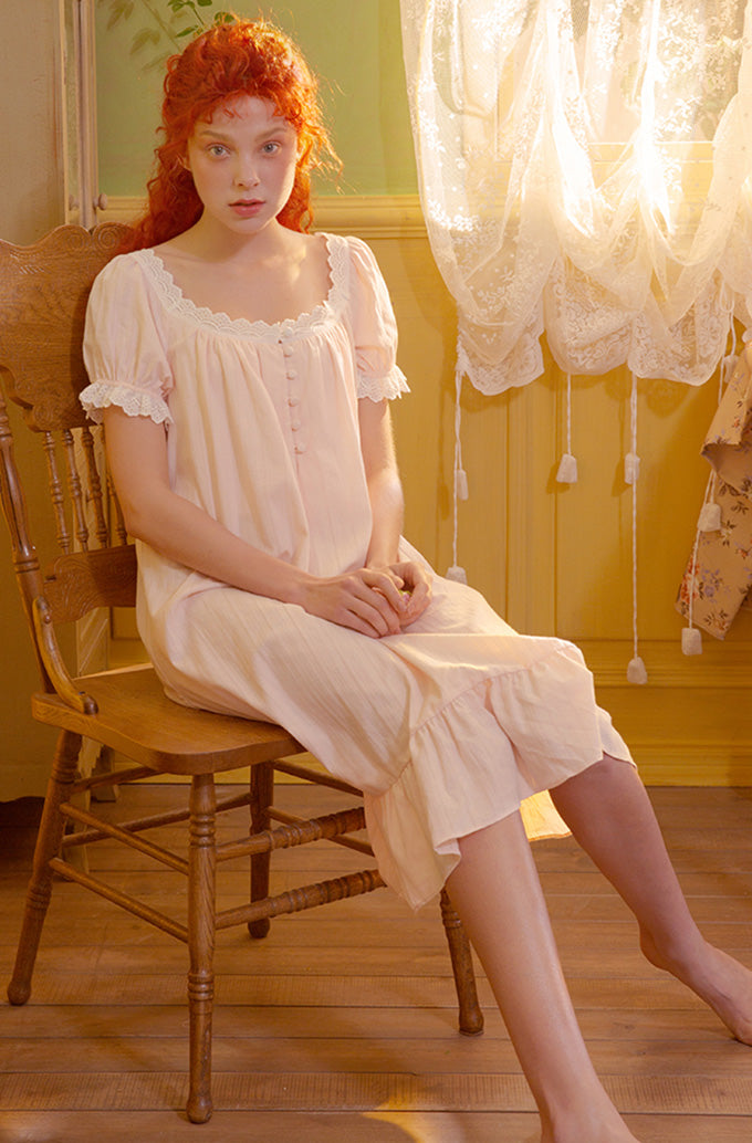 Summer Women‘s Cotton Pink Princess Sleepshirts Vintage Ladies Girls Lace Nightgowns Nightdress Cute Home Lounge Sleepwear