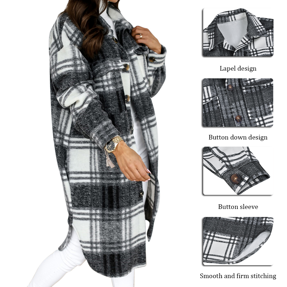Women Vintage Warm Shirt Jacket Autumn Winter Plaid Long Shirt Jacekt Casual Loose Buttons Pockets Turn down Shirt Coat
