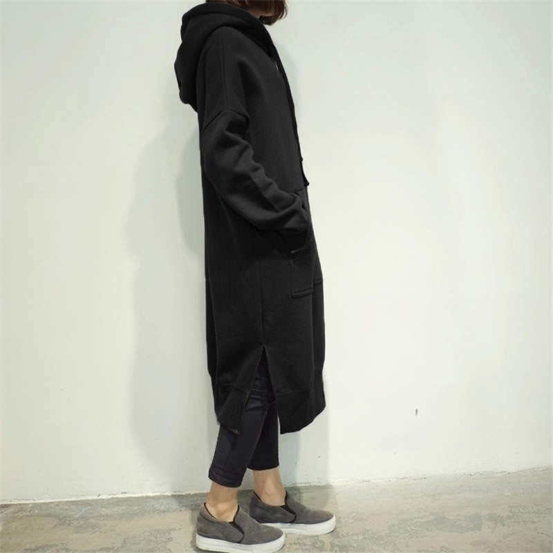 Women Loose Long Hoodie Casual Solid Color Hooded Sweatshirts Student's Autumn Winter Baggy Pullover Oversized Sweatshirt Dress