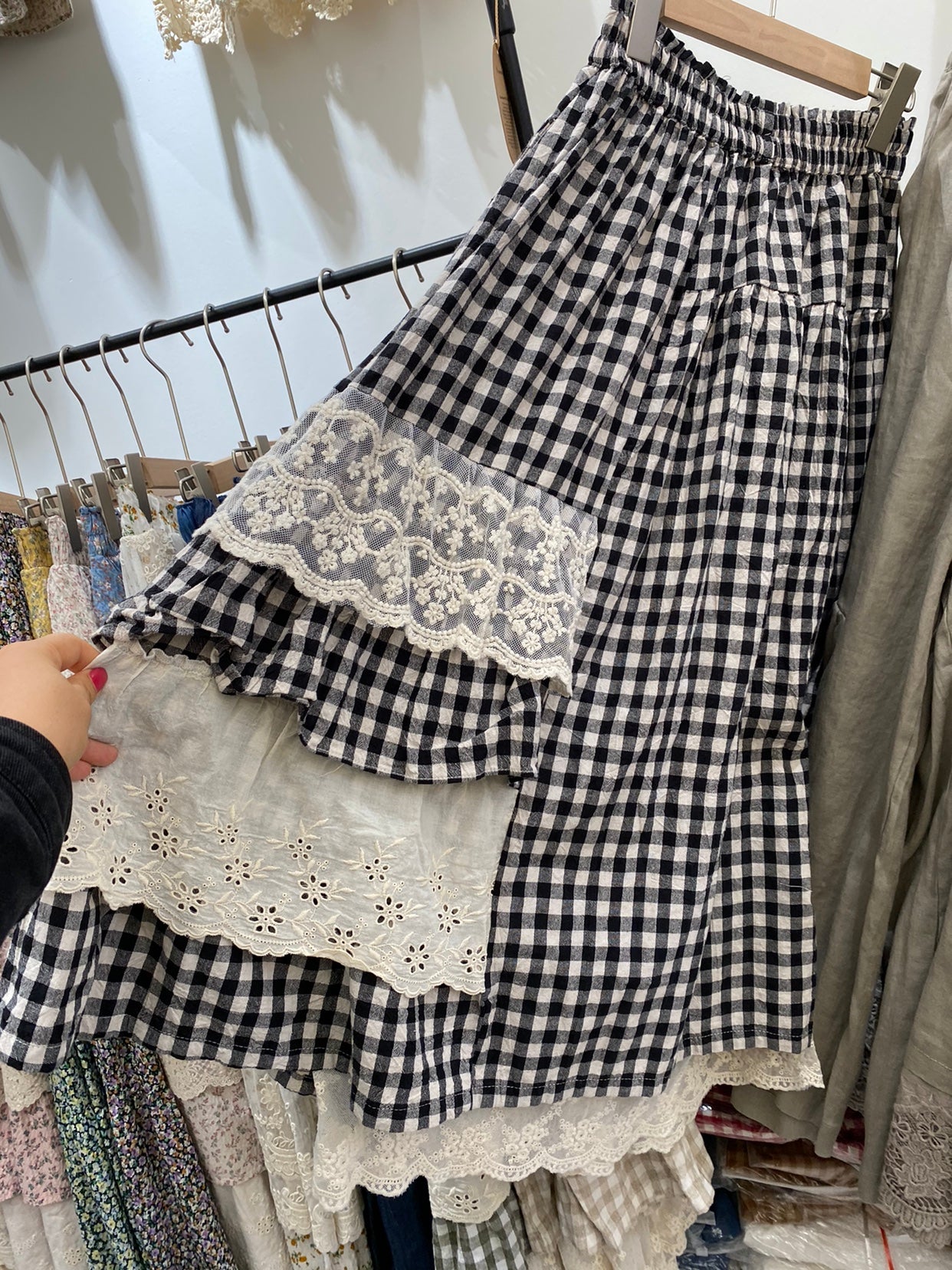 New Mori women's elastic waist plaid skirt lace stitching asymmetric Ruffle cake skirt female 6863