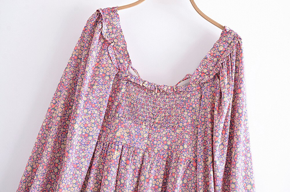 Lizakosht Spring Women Vintage Floral Print Mini Dress Sweet Ruffle Sexy Collar Puff Sleeve Dress Ladies Prairie Chic Vestido