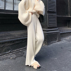 Casual Warm Loose Floor-length Sweater Pants for Women Autumn Winter High Waist Wide Leg Knitted Trousers Femme 2022
