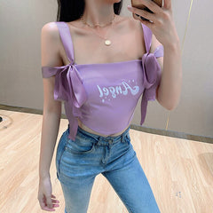 Purple Top Women Summer Girls‘ Shirt 2022  Angel Slim Short Sexy Lace Cute Butterfly Bandage Sling  Backless Vest