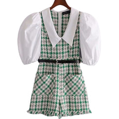 Elegant women tweed rompers 2022 fashion ladies green plaid rompers streetwear female sweet pocket playsuit girls chic romper