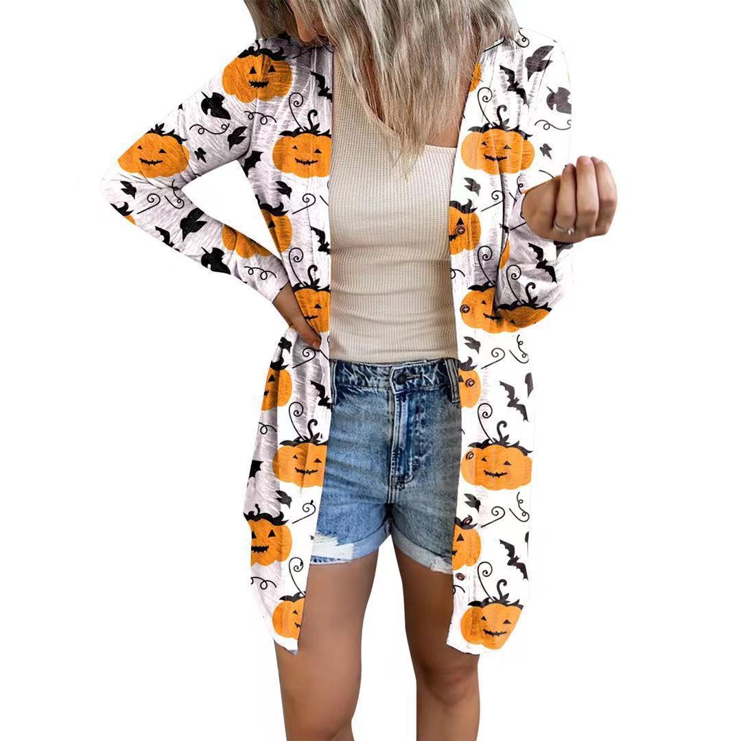 Halloween Cardigan Coats Women  Ghost bat Pumpkin Black Cat Printing Clothes Plus Size Autumn Winter Long Cardigans Tops Jacket