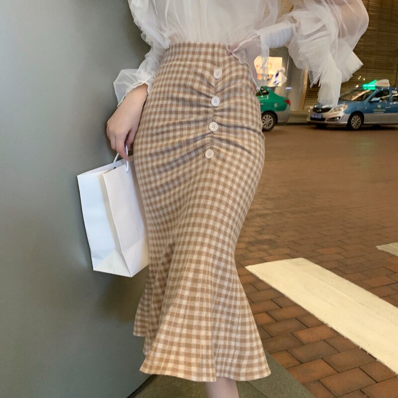 PERHAPS U Trumpet Mermaid Black Beige Plaid Midi Skirt High Street Empire Vintage Retro Women S0192