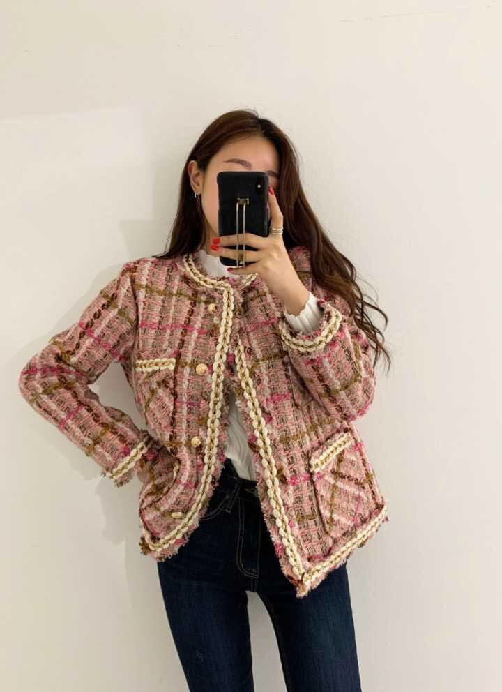 Lizakosht  Knitting Slim Woolen Jackets Women Vintage Tweed Coat Outerwear Coats Channel Style Za Suit Cropped Stripeed Kawaii