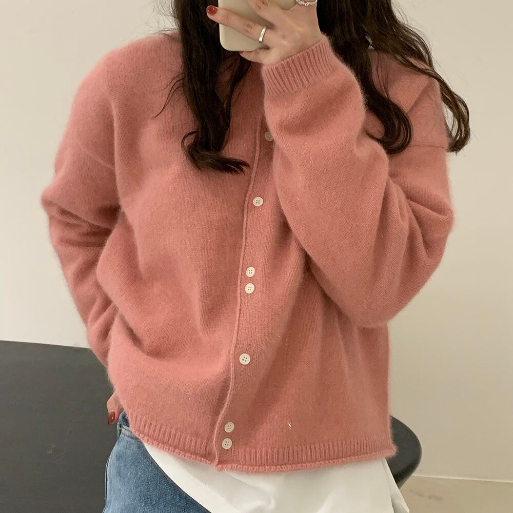 Women Knitting Sweater Round Neck Long Sleeve Korean Fashion Warm Autumn Winter Casual Simplicity Single Breasted