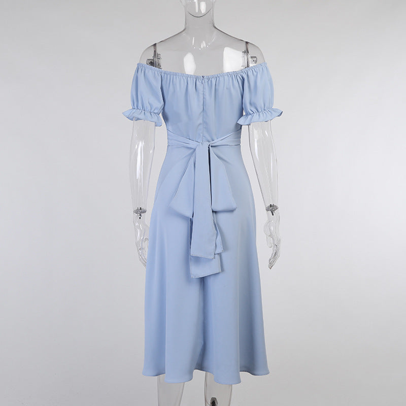 Lizakosht  2021 Summer's New Solid-colored Simple One-word Shoulder-length Skirt Summer Slash Neck  Puff Sleeve  Dresses for Women