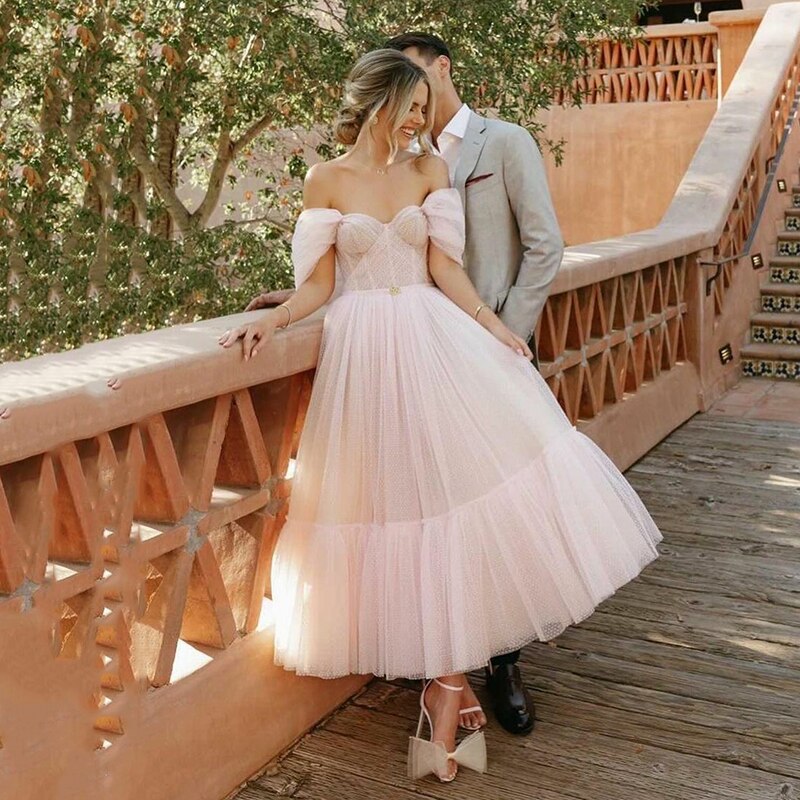 SoDigne Pink Dot Tulle Prom Dress 2021 Sweetheart Short Sleeves Evening Dresses Tea-Length A-Line Party Gowns For Women