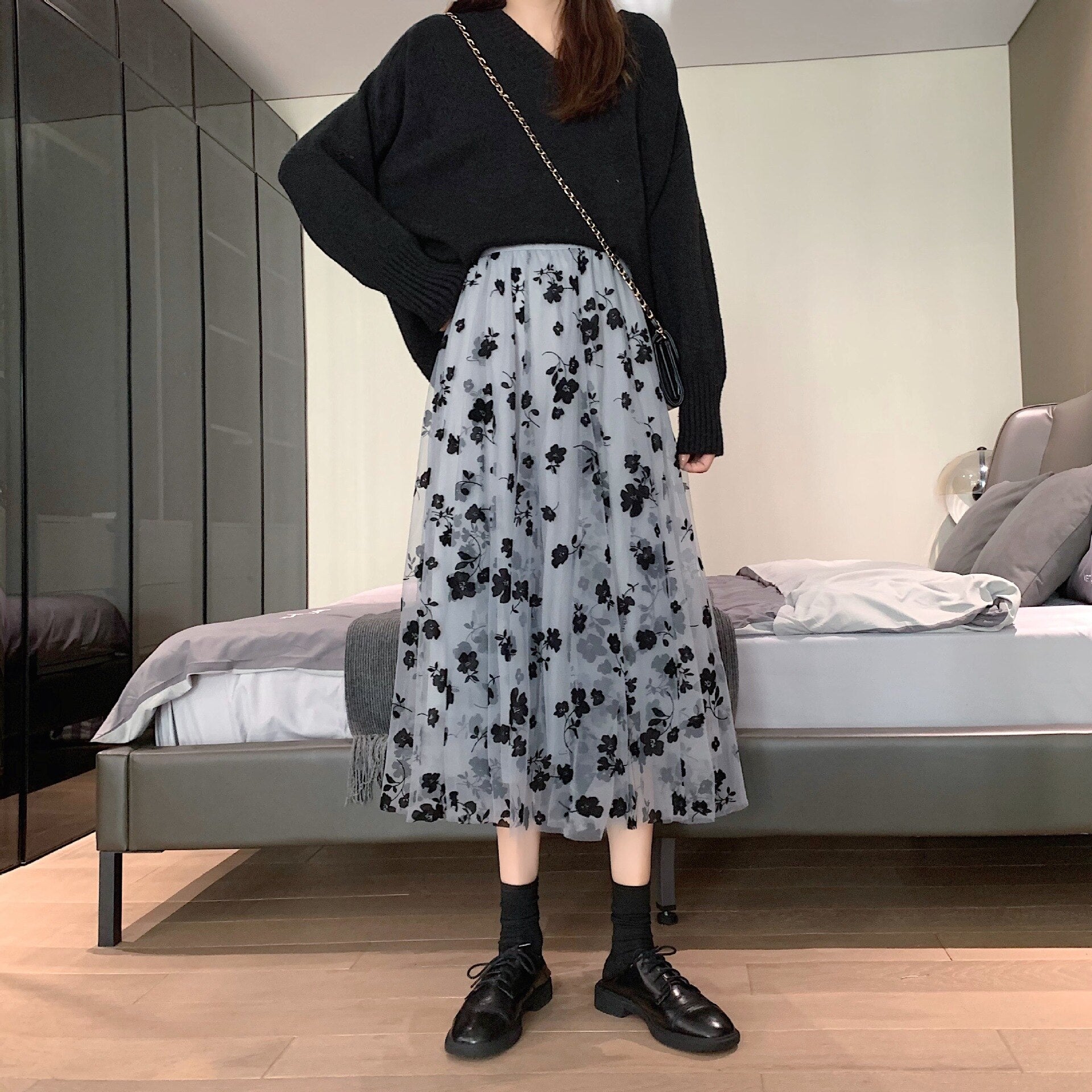 Neophil 2021 Summer Women Tulle Mesh Midi Skirts 3 Layers Floral Puffy Pleated High Waist Casual Fashion Skirt Saias Jupe S21305