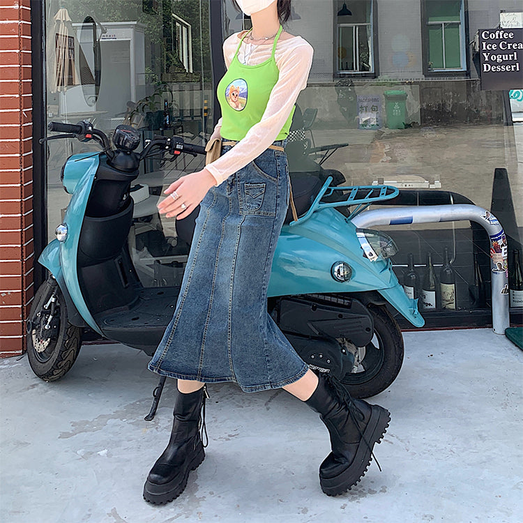 Lizakosht  Vintage Washed Jean Skirts Women High Waist Stretch Slit Ruffle Trumpet Female 2022 New Sexy Fitness Tight Skirt