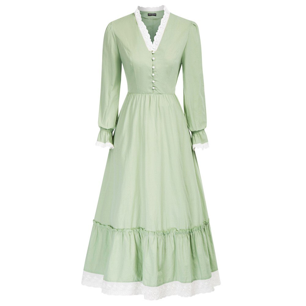 SD Women Renaissance Cotton Dress Puffed Long Sleeve V-Neck Flared A-Line Dress Women Vintage Solid Color Winter Dress Elegant