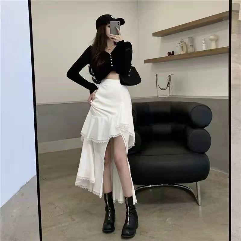 Casual High Waist Irregular Skirt Women White Korean Designer Ruffles Split Skirt Slim Office Lady Streetwear Chic Party Clothes