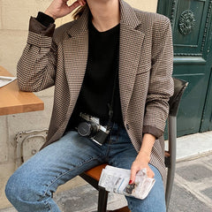 Women Plaid Blazers Spring Autumn Lapel Loose Long-sleeved Korean Short Coat Women Button Vintage Brown Blazer